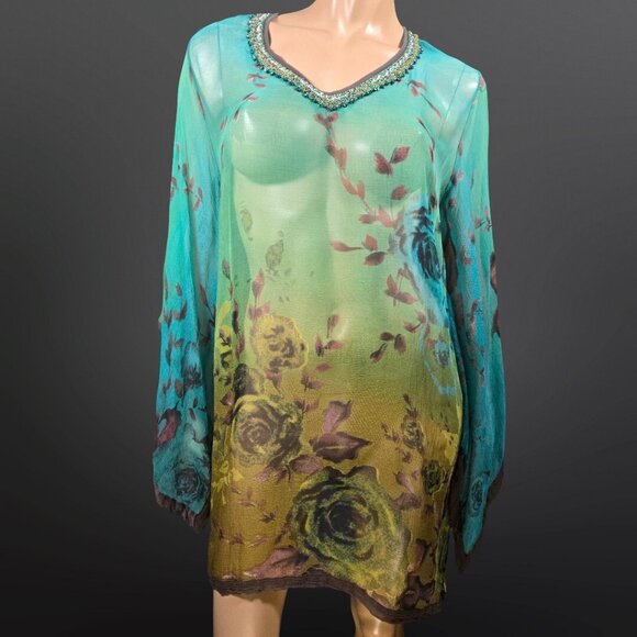 Vintage Floral Caftan Sheer Beach Cover Up Dress Size M Teal Green Brown Beaded - Picture 2 of 9